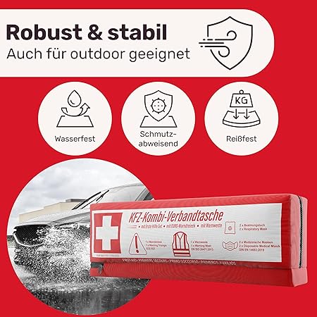 Car combi bag (3 en 1) selon la norme actuelle 2026 - y compris triangle de signalisation, gilet de sécurité - kit de premiers secours triangle de signalisation set kit de premiers secours voiture DIN 13164:2022 (conformément au code de la route allemand)