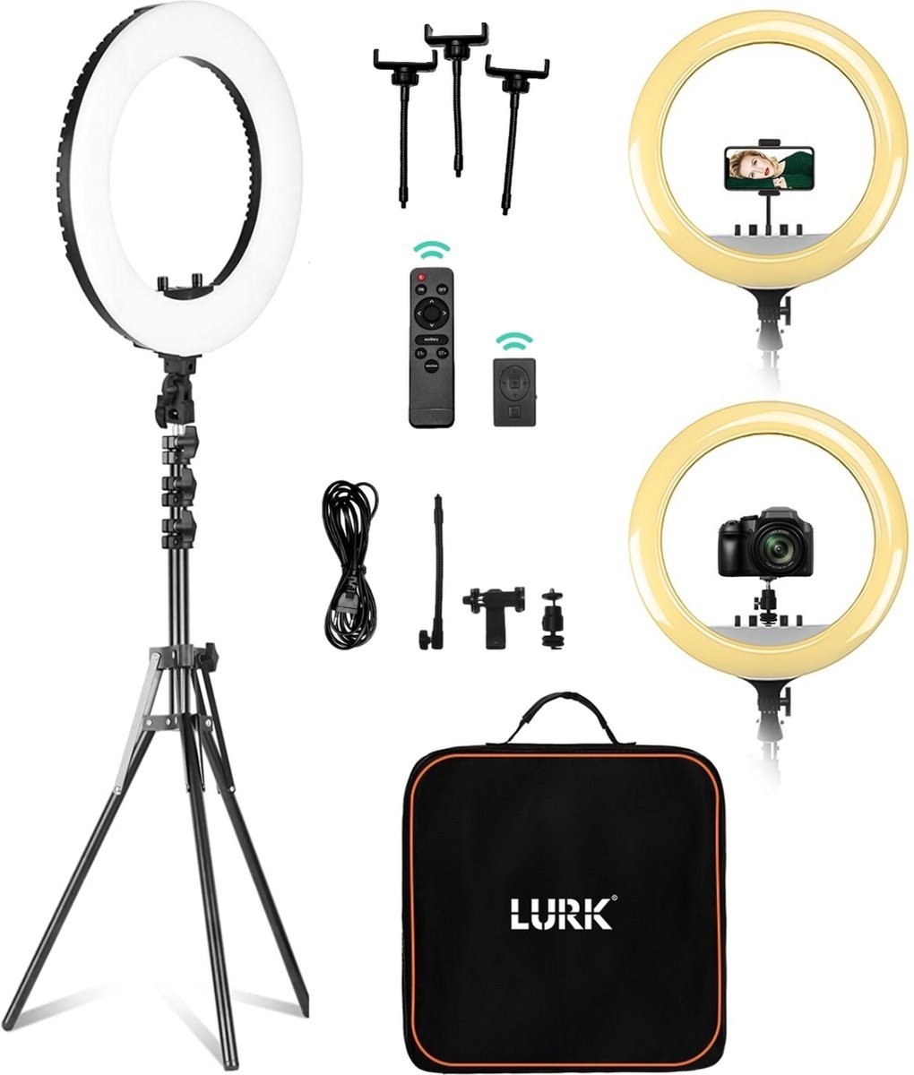 LURK® Ring lamp set PRO 18 inch - Trépied réglable et télécommande - LED - Convient pour smartphone et caméra (d'action)