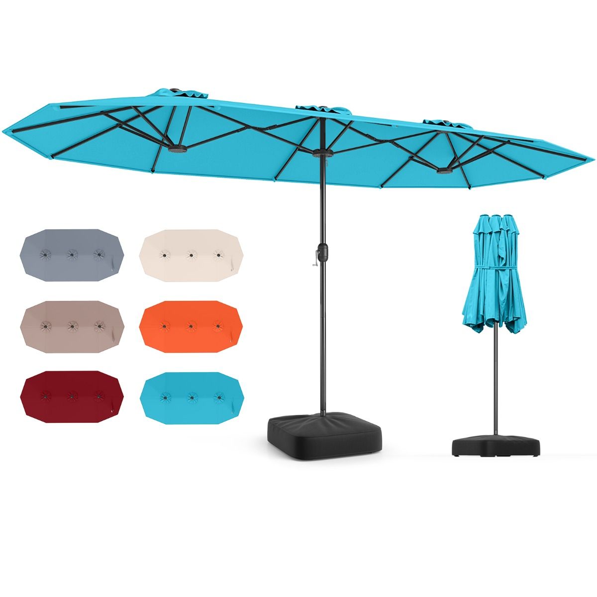 Parasol double Coast - toile extra-large - pied lesté - Turquoise 400 x 212 cm