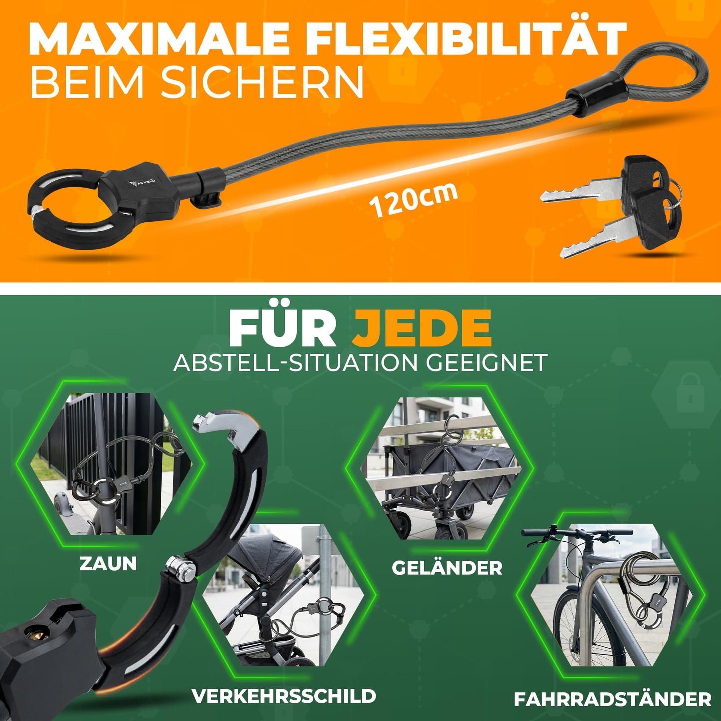 Antivol MIVELO pour scooter électrique - câble antivol en forme de menottes de 120 cm - avec clé et support - âme en acier pour scooter et vélo