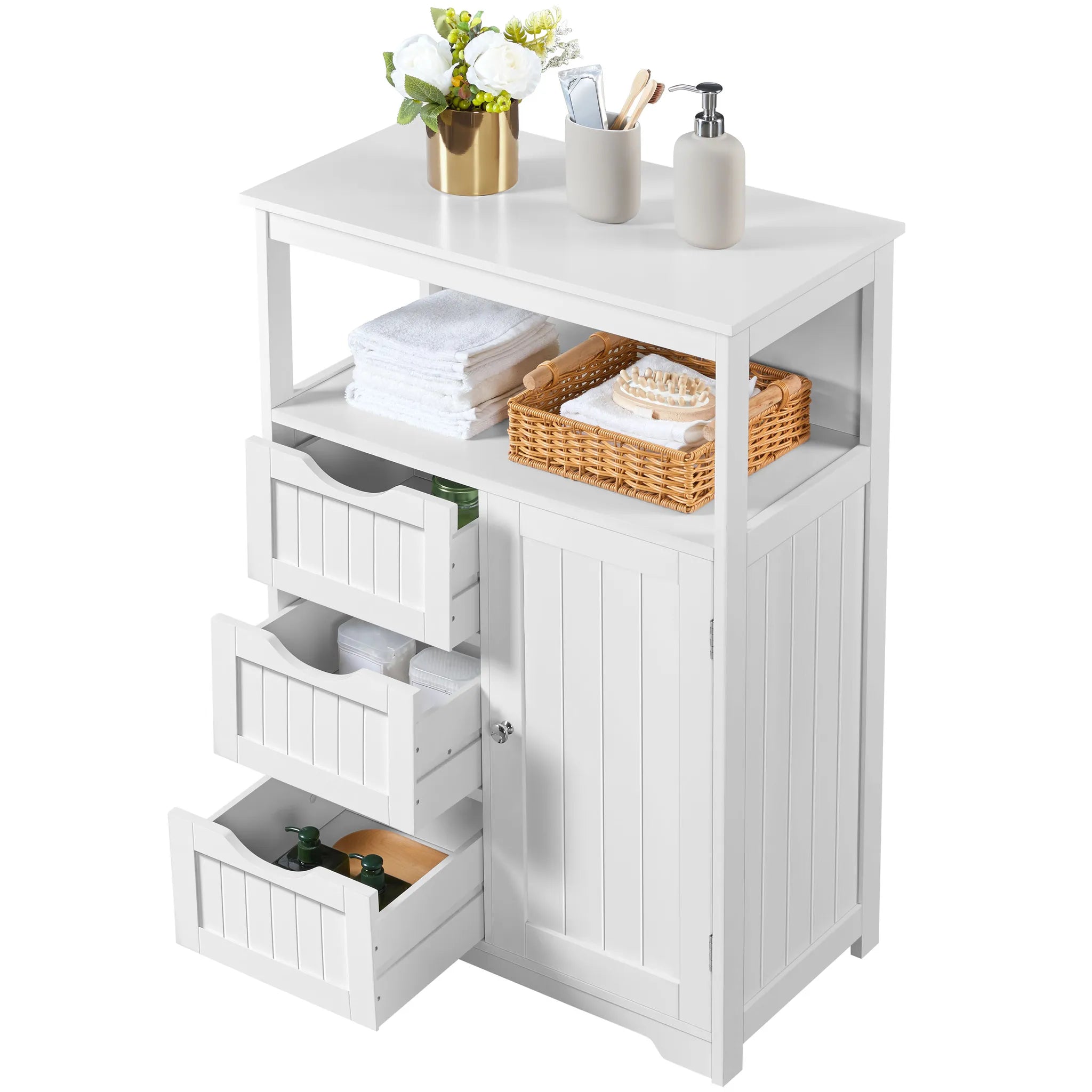 Yaheetech Armoire de salle de bain avec 3 tiroirs - Comprend une étagère réglable et un rangement ouvert ainsi que des accessoires en métal - Pour la salle de bain, le salon et la chambre - Mdf blanc et métal - 66 x 35 x 90 cm