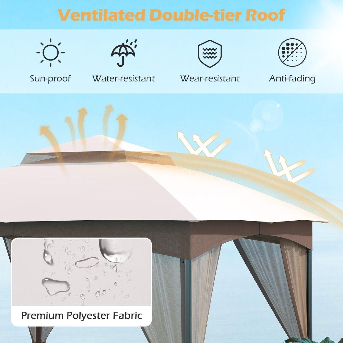 Pavillon de jardin Coast - double toit - moustiquaire et sacs de sable - kaki 3 x 3 m
