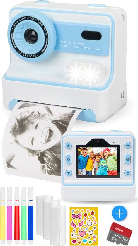 Nuvance - Caméra pour enfants - Caméra jouet pour enfants - avec carte SD 32 GB - Photo et vidéo - Imprimante photo - Caméra numérique pour enfants - Caméra pour enfants - Bleu