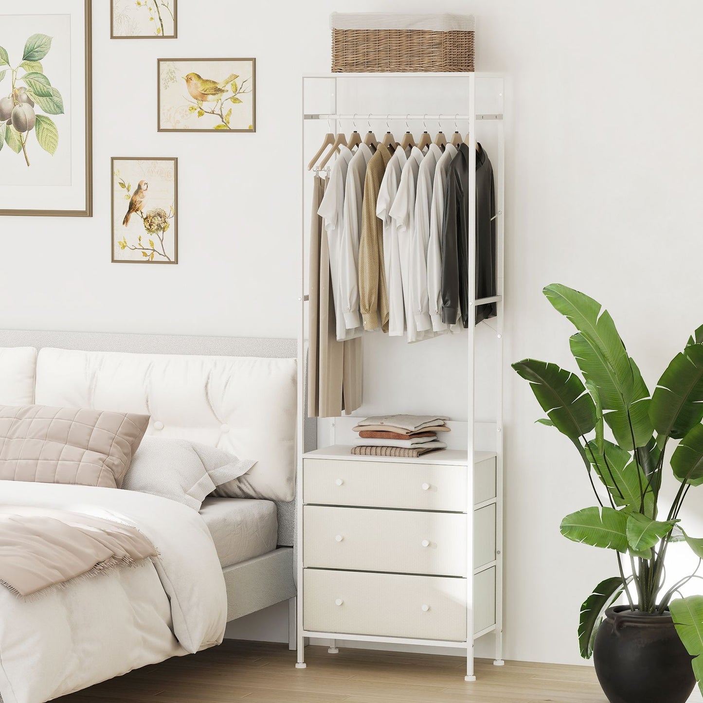 coast Portemanteau avec tiroirs - Barre de suspension à 3 positions - Compartiments de rangement - Blanc - 55x28x176 cm