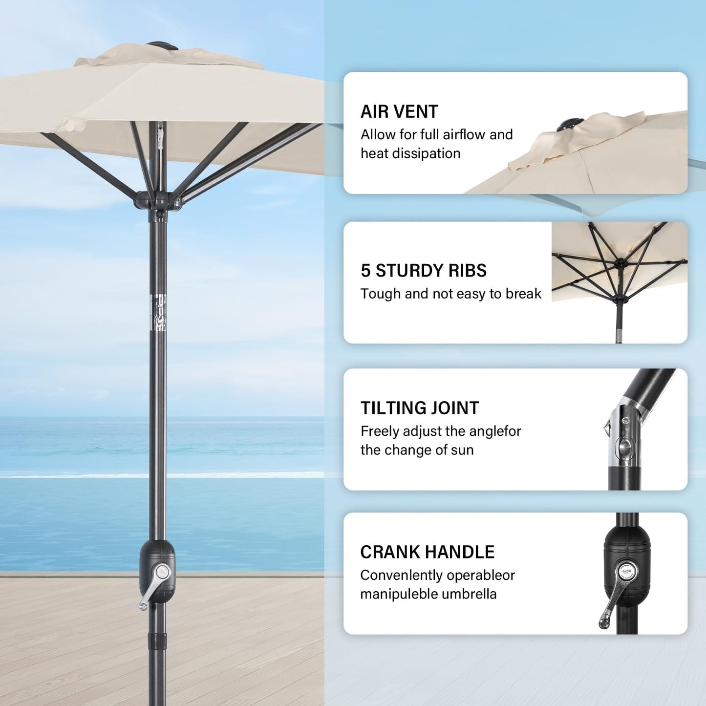 Angel Living Parasol de balcon - Semi-circulaire - 265 x 130 cm - Beige