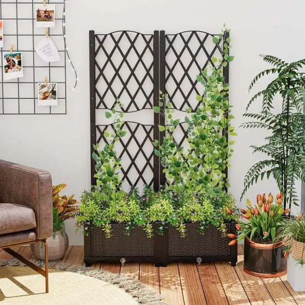 Jardinière Coast avec treillis d'escalade et parterre surélevé – Dotée d'un système d'arrosage automatique pratique, d'une grande jardinière et d'un aspect rotin – Pour jardins et balcons – Plastique PP marron – 80 de long, 40 de large et 122 de haut (cm)