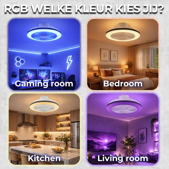 WERYOU® illuminAIR Ventilateur de plafond - Plafonnier - Ventilateur de plafond avec éclairage - Plafonnier - Lampe ventilateur - Tuya Wifi Smart - Lampe Led RGB - Plafonnier - Télécommande incluse - Dimmable - ⌀56CM