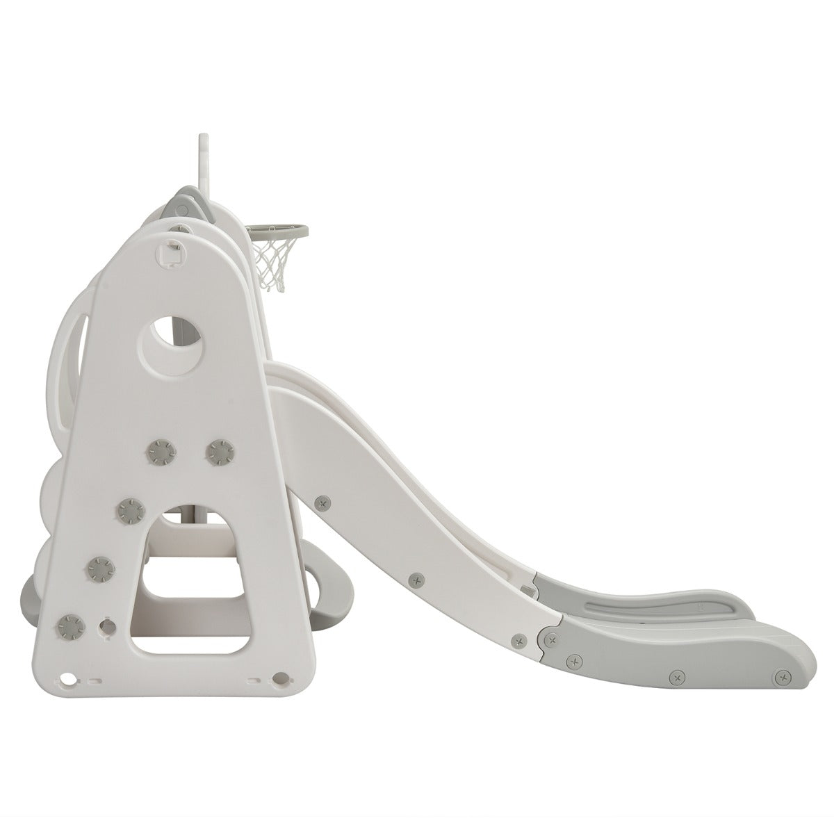 Toboggan et balançoire pour enfants 6-en-1 avec toboggan à grimper, panier de basket-ball, but de football et trou de golf gris