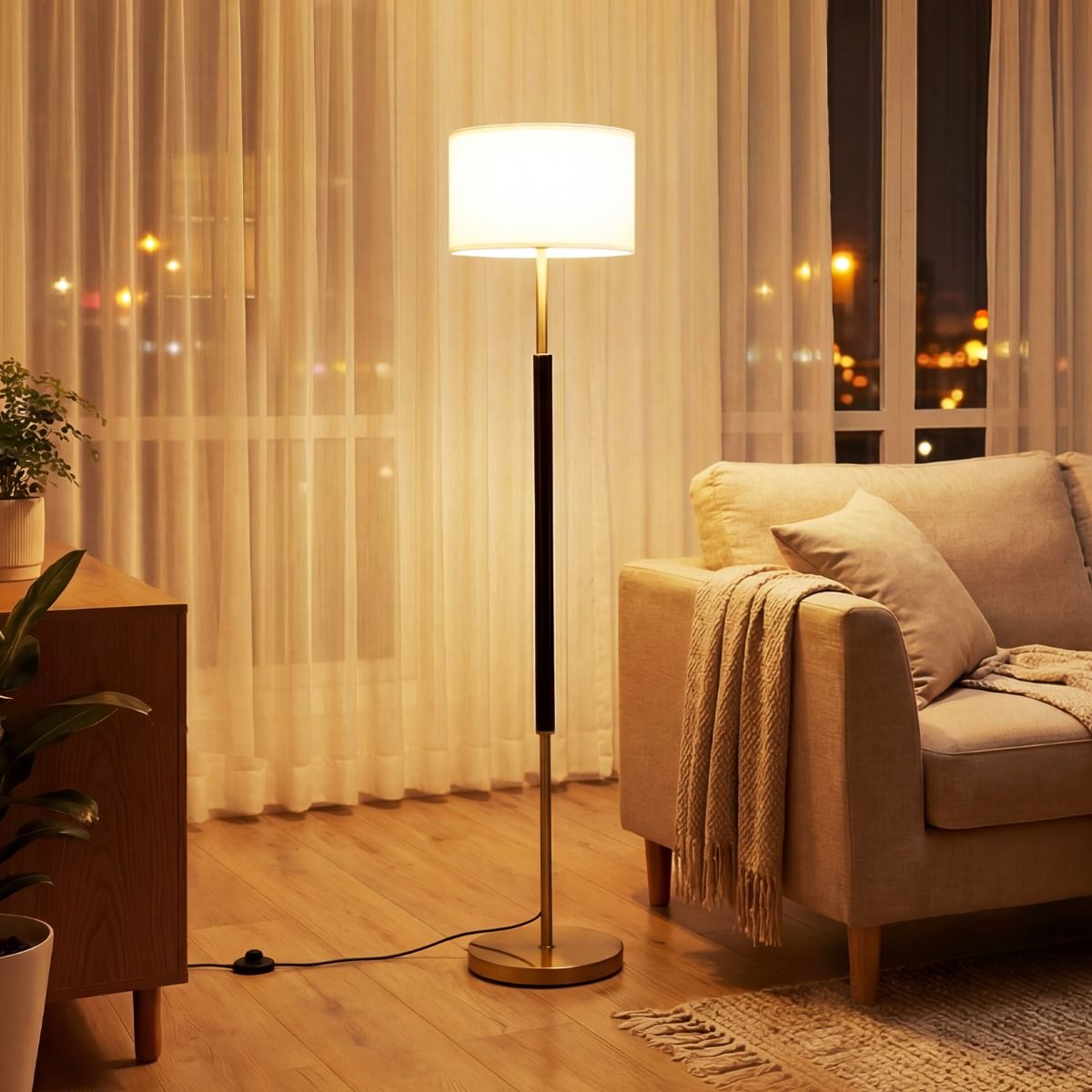 Lampe sur pied Coast - abat-jour en lin - interrupteur au pied - noir - 165 cm