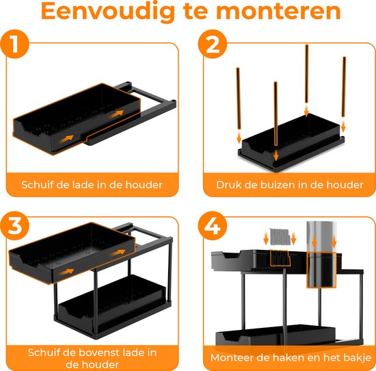 Posity Rangement pour évier - Rangement pour armoire de cuisine - Tiroir coulissant - Rangement pour armoire - Rangement pour salle de bain - Rangement pour comptoir - 2 tiroirs coulissants - Noir