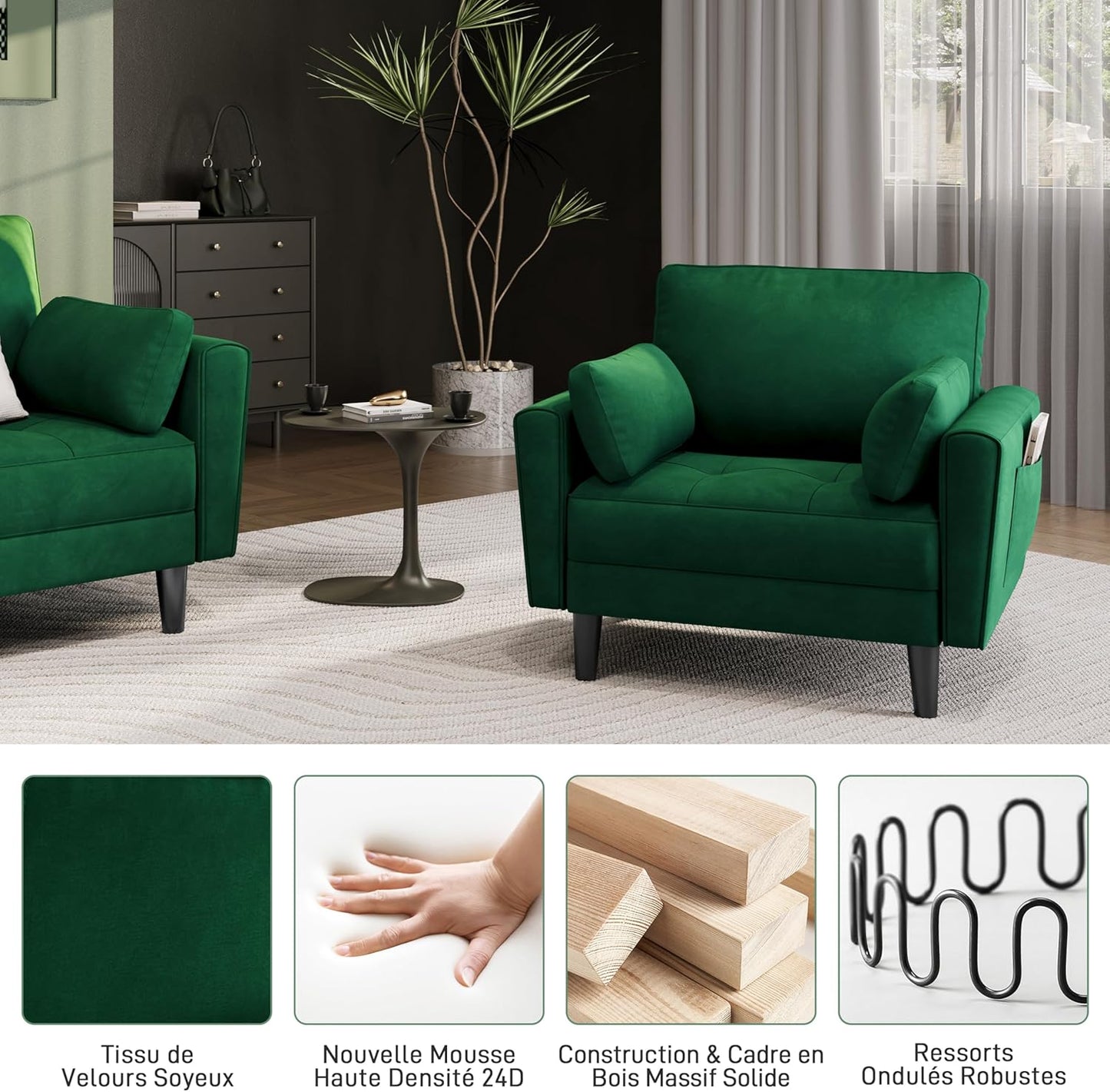 Yaheetech Fauteuil de salon moderne avec accoudoirs et poches Fauteuil de relaxation avec coussins Cadre en bois Fauteuil de chambre en tissu pour salon Vert