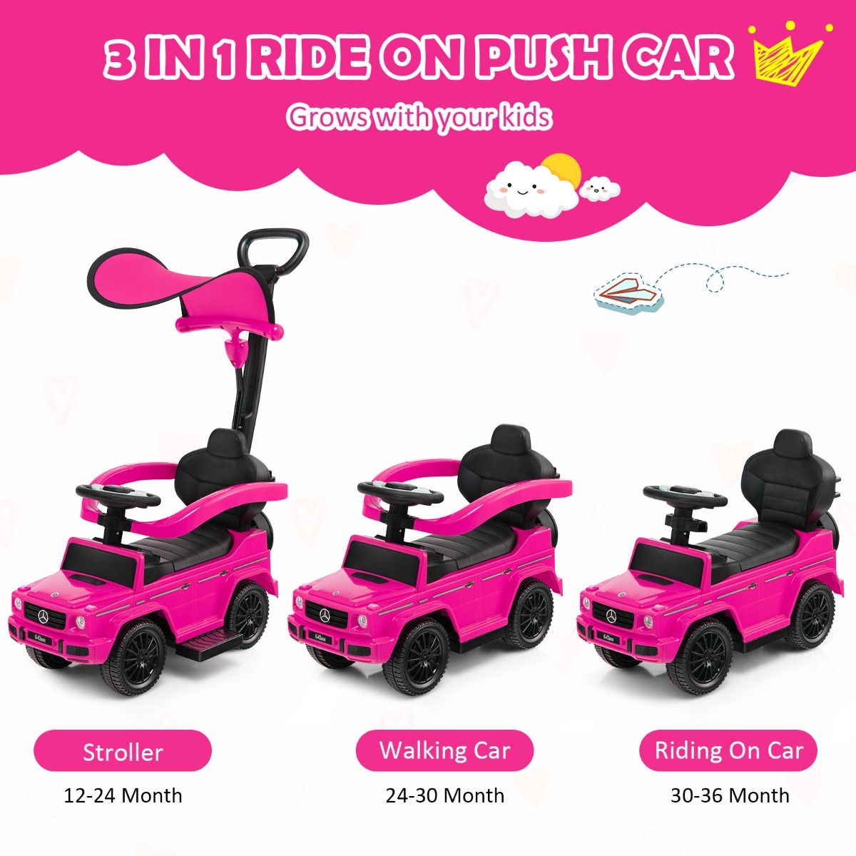 Voiture à pédales Coast Mercedes Benz pour enfants - poussette et déambulateur 3-en-1 - pare-soleil réglable - rose