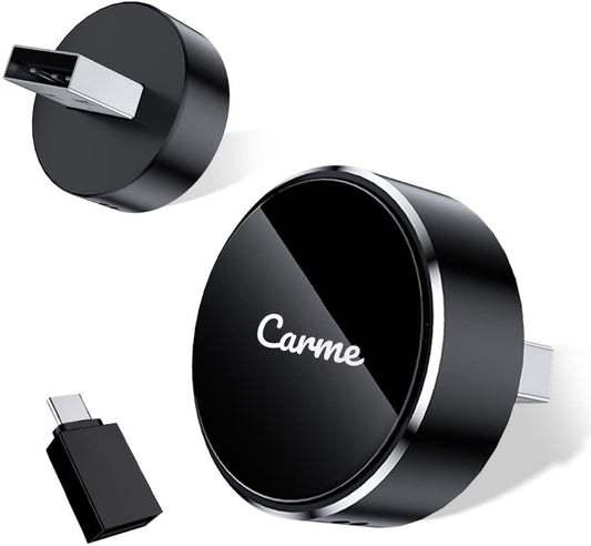 Dongle CarMe Ultra Mini 2-en-1 CarPlay – Doté d'une connexion Bluetooth sans fil, d'un micrologiciel actualisable et d'une compatibilité USB-A et USB-C – Pour Apple et Android – Plastique noir – Modèle rond