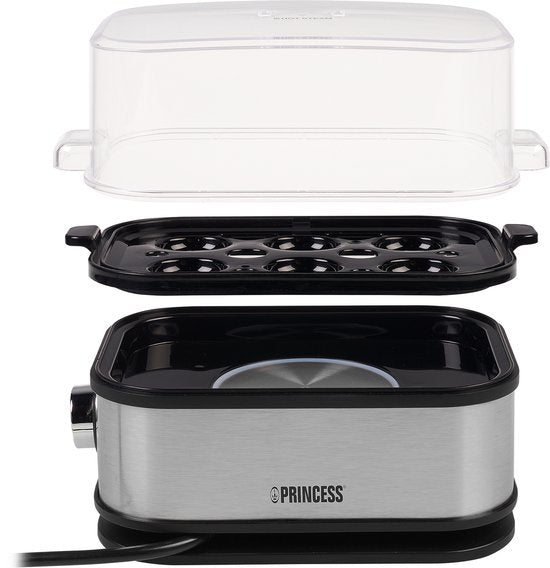Cuiseur à œufs Princess 262046 – pour 1 à 6 œufs – 400 W – acier inoxydable – cuisson dure, molle et moyenne – minuterie – avec gobelet doseur et pic à œufs