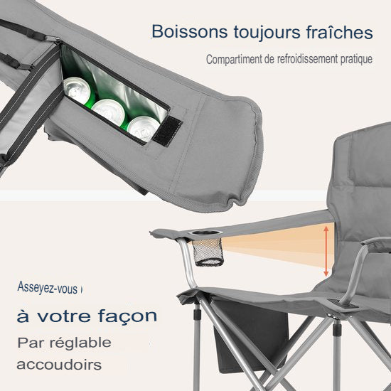 Chaise de camping XL TRVLMORE, Pliable, Compartiment réfrigérant et Porte-boisson, Gris