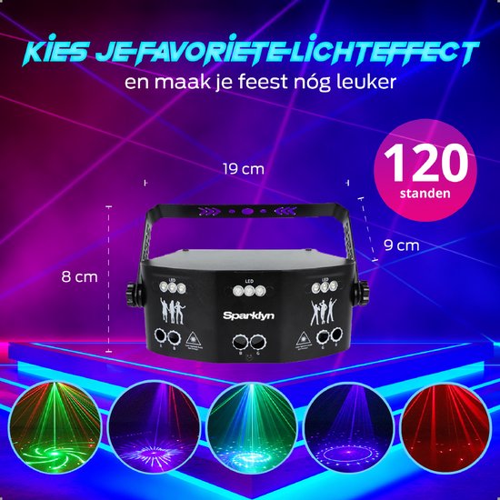 Laser disco professionnel Sparklyn avec 15 projecteurs - 120 combinaisons lumineuses - Télécommande - Contrôlable via DMX - Lampe disco - Noir