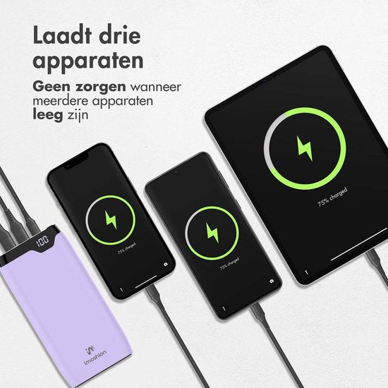 imoshion Powerbank 20000 mAh - Chargeur rapide 22,5W - Indicateur LED - USB C & USB A - Convient à iPhone et Samsung, entre autres - Universel - Lilas