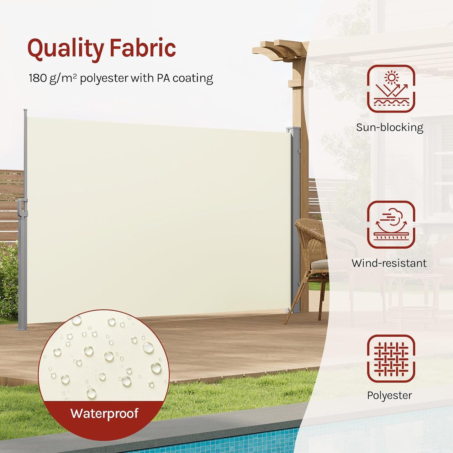 WOLTU Store latéral rétractable 180 x 350 cm - Protection contre les regards indiscrets - Protection solaire et coupe-vent - Crème