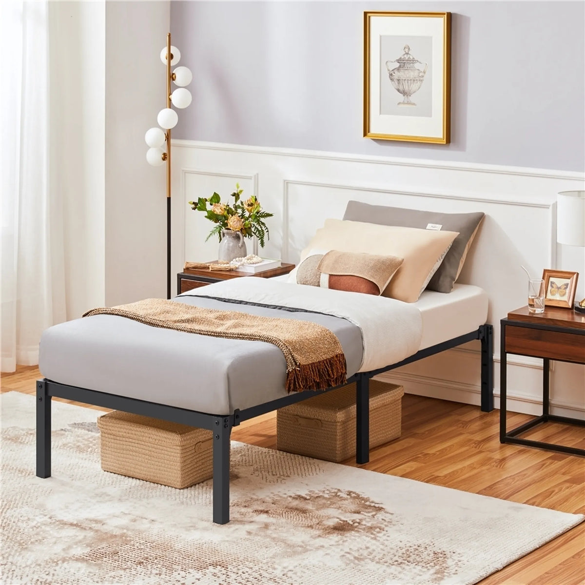 Cadre de lit en métal 90 × 200 cm avec sommier à lattes et espace de rangement de 37,5 cm, noir