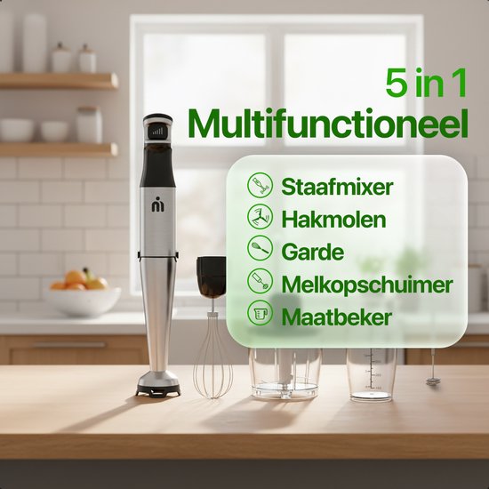 MATTI® - Mixeur plongeant 5in1 - Mixeur plongeant électrique - Hachoir - Blender - Mousseur à lait - 1500W