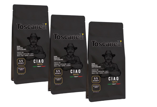 Toscanelli Ciao Tutti Blend – Grains de café | Torréfaction foncée | 3 × 1 kg