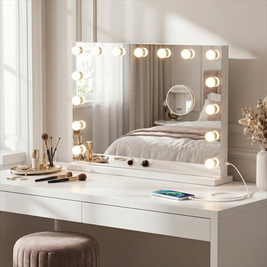 Bayt Hollywood Mirror with Lighting - Miroir de maquillage avec éclairage - Miroir avec éclairage - Dimmable - Grossissement 10x - 58x46cm - Blanc