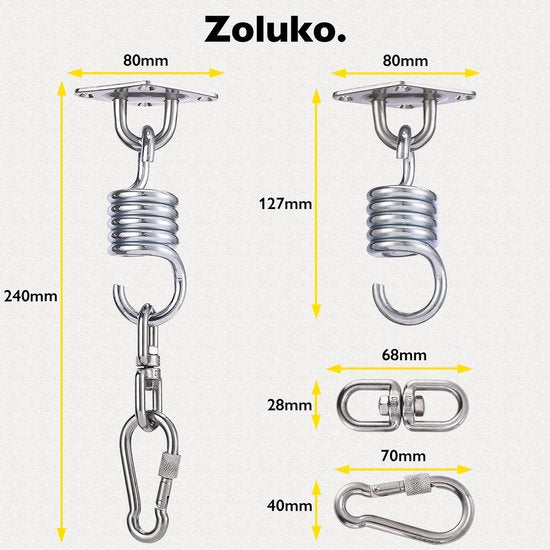 Système de suspension en acier inoxydable Zoluko - Capacité de charge 300 KG - Rotation libre 360° - Ressort insonorisant - Système de suspension pour sac de boxe - Fixation au plafond - Crochet de plafond - Crochet de suspension - Crochet à vis - Chrome
