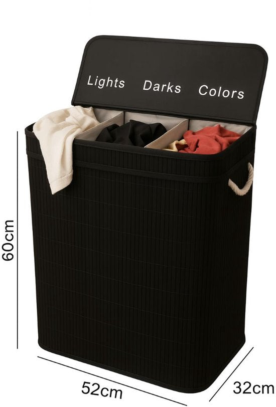 Panier à linge Ceruzo à 3 compartiments – Trieur de linge en bambou 100 L – Sac intérieur amovible – Noir