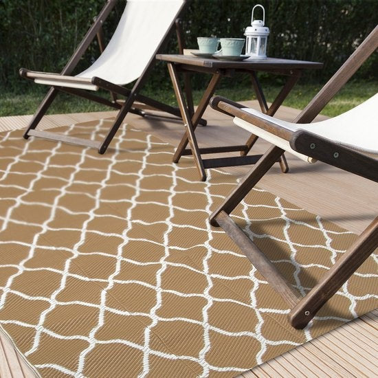 LifeGoods Tapis d'extérieur - 120x180CM - Tapis de jardin - Réversible - Sac de transport inclus - Avec motif - Beige/Blanc