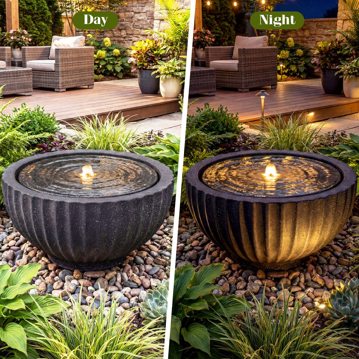 Fontaine de jardin ronde Coast - avec éclairage LED - aspect pierre - 45 x 45 x 23,5 cm - noir