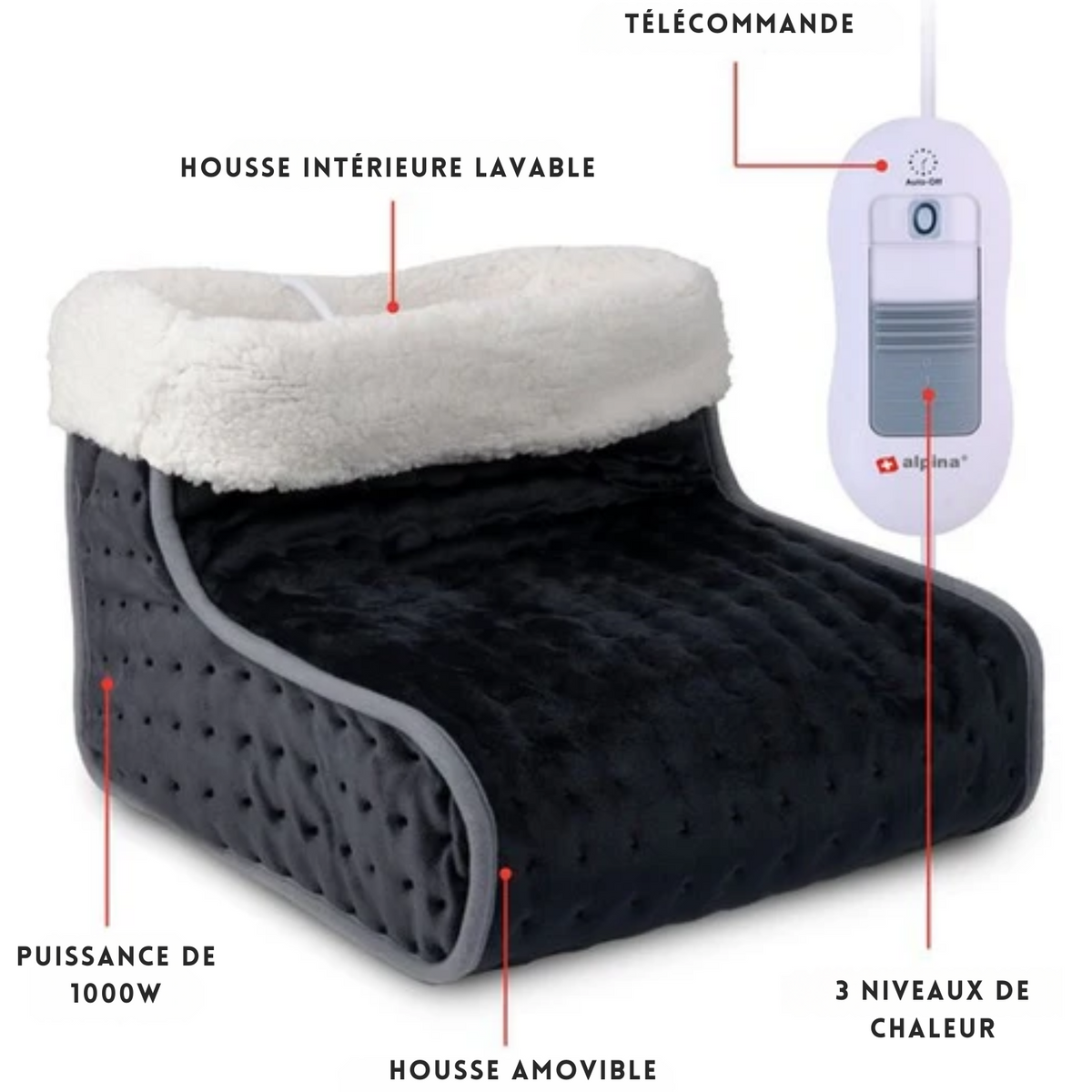 Chauffe-pieds électrique - Alpina - Lavable - 3 niveaux de chaleur - Gris foncé