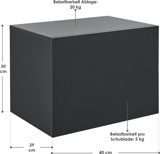 Table de nuit flottante - 40 x 29 x 30 cm - Noir - 2 tiroirs