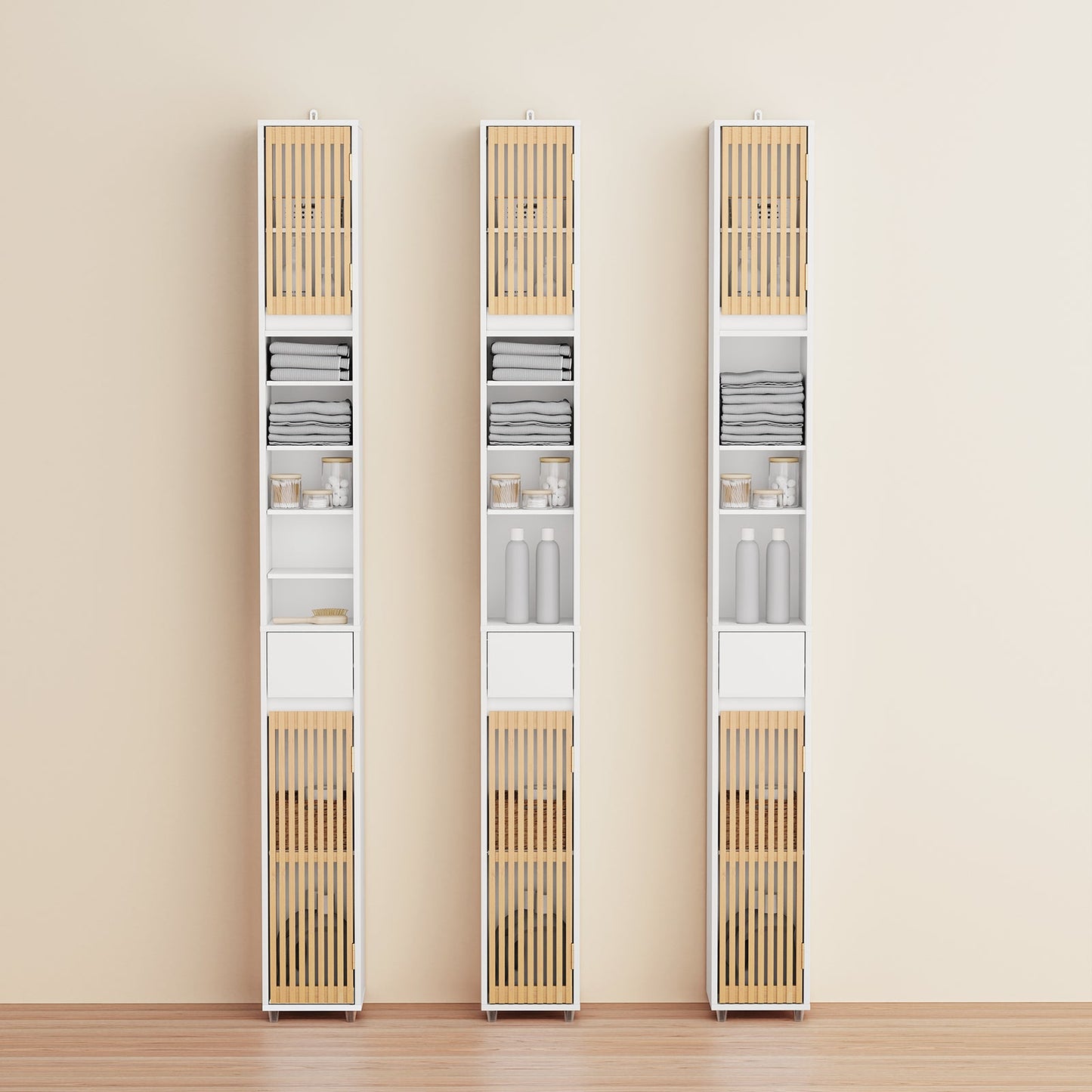 sobuy armoire de toilette haute avec portes en bambou - 20 × 20 × 180 cm | blanc