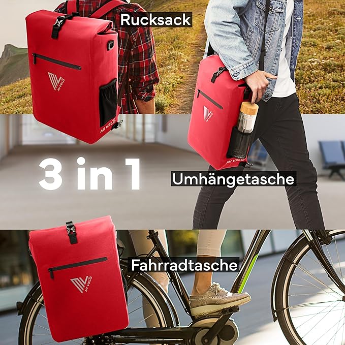 MIVELO Pannier - Sac à dos et sac à bandoulière 3-en-1 - Imperméable et compartiment pour ordinateur portable - 25 litres - Rouge