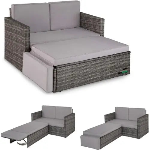 tectake® - Canapé en osier, fauteuil de jardin, chaise longue - ensemble canapé - fauteuil 2 places avec tabouret et fonction de couchage, petit canapé en osier comme meuble de jardin extérieur, pour salon, balcon et jardin, pliable avec coussins - noir