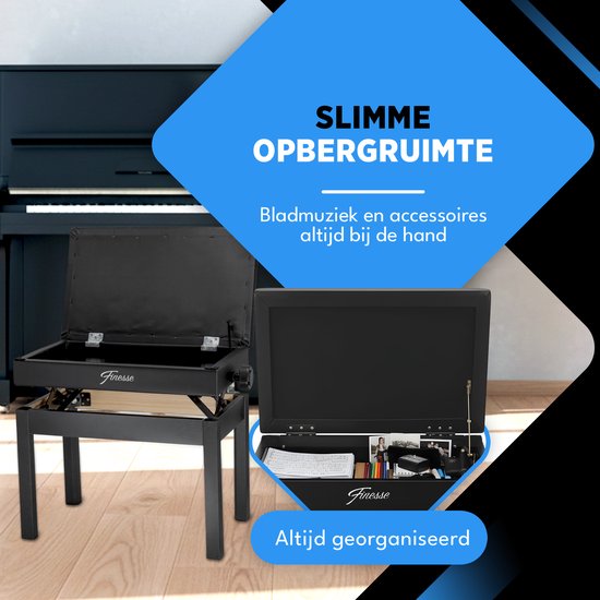 Finesse Premium Piano Bench - Hauteur réglable - avec rangement - Coussin souple - Tabouret de piano - Chaise de piano - Noir