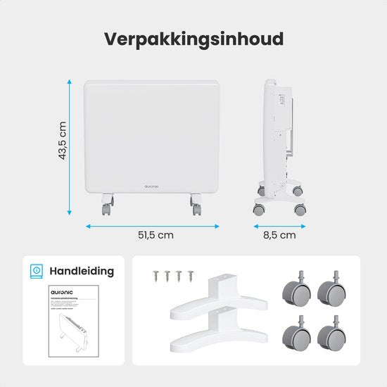 Convecteur électrique - 1000W - Chauffage électrique - 3 niveaux - Panneau métallique - Roues - Blanc