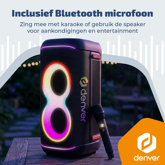 Enceinte Bluetooth Denver Party Box - Lumières disco - Party Box - Microphone inclus - Haut-parleur - BPS370
