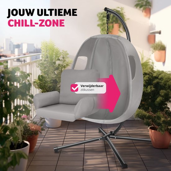 tectake® Chaise suspendue avec cadre - Chaise à bascule avec coussin + coussin de dossier - Meuble de salon ou de chambre - Meuble de balcon - Intérieur ou extérieur - Jusqu'à 160kg - Gris clair
