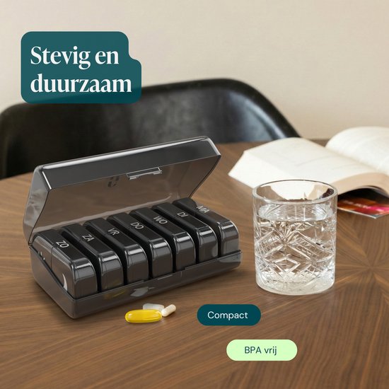 Boîte à comprimés Gandria 7 jours, 2 compartiments - En néerlandais - Boîte à médicaments avec fermeture solide - Compartiments amovibles pour les déplacements - Noir
