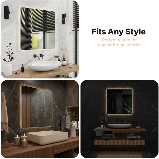 Miroir de salle de bains Mirlux avec éclairage LED et chauffage – Miroir mural carré – Miroir de douche anti-buée – Sans cadre – 80 x 80 cm