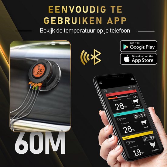 MostEssential AT-02 Thermomètre à viande - Thermomètre de barbecue intelligent - Bluetooth, application et 2 sondes de mesure inclus
