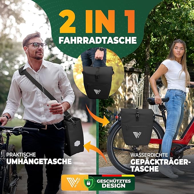 MIVELO Pannier - Imperméable & Incl. Compartiment pour ordinateur portable & Bandoulière - 20 litres - Noir