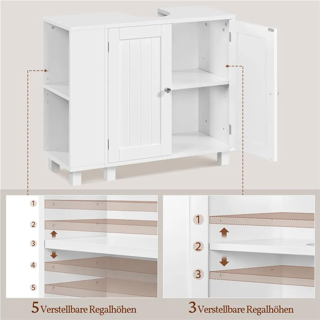 Meuble sous-lavabo Yaheetech 75 x 30 x 62 cm – Blanc – Avec 4 compartiments, des étagères ouvertes et un porte-serviettes