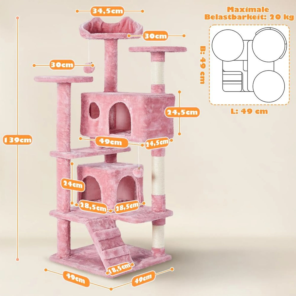Yaheetech Cat Post avec 3 plateformes d'observation - équipé de 2 paniers pour chats, de poteaux en sisal et d'une balle de jeu avec cloche - pour les foyers avec plusieurs chats - peluche rose et panneau de particules E1 - 49 x 49 x 139 cm