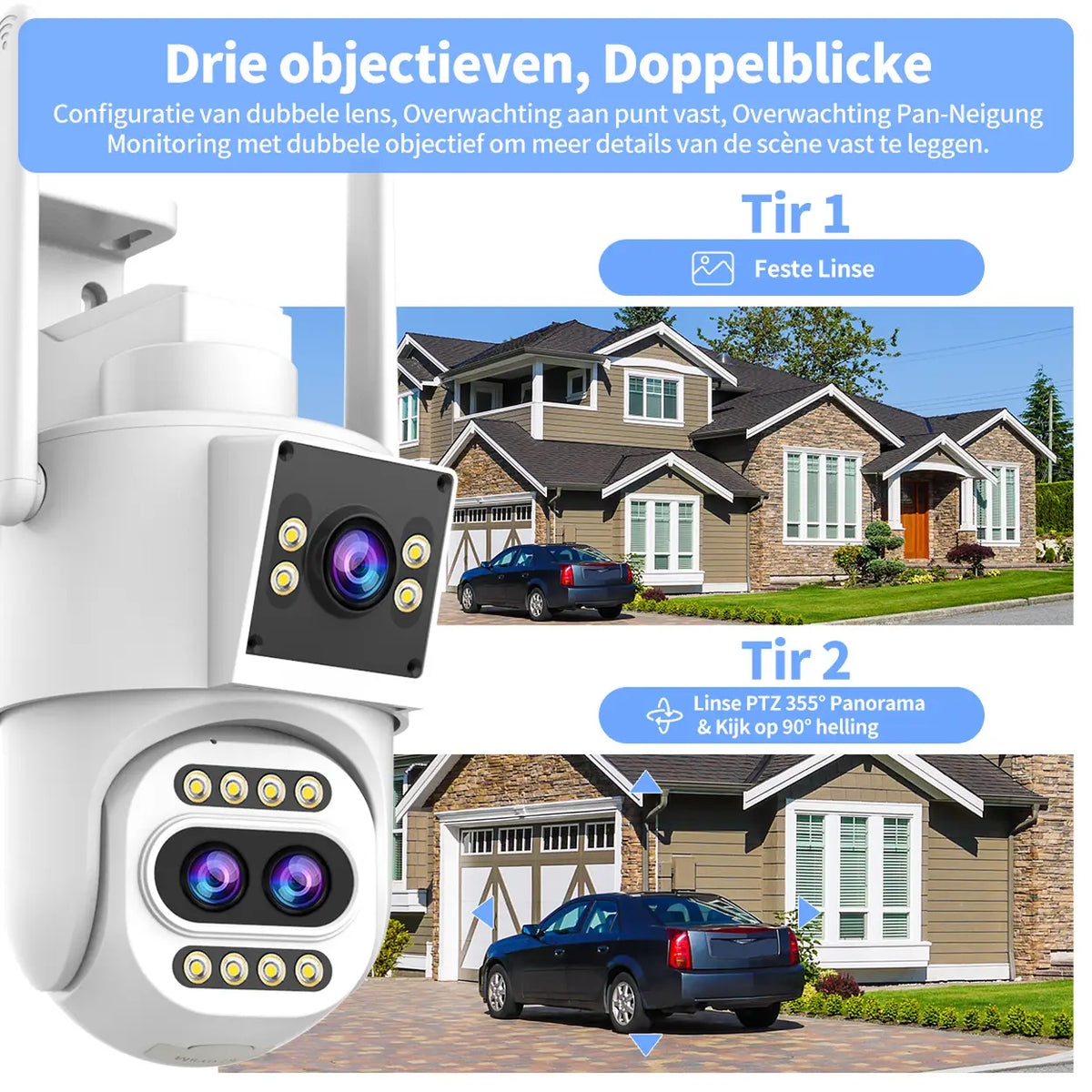 Caméra de sécurité d'extérieur Jooan 2K à triple objectif - Zoom 10x - PTZired IP66 étanche, alerte de mouvement, stockage sur carte 8-256 Go / dans le cloud, alarme avec sirène