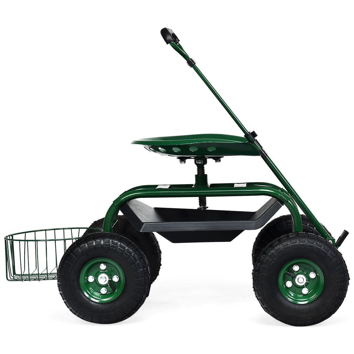 Chariot de jardin Coast avec poignée réglable - siège ergonomique - panier de rangement et bacs à outils - vert