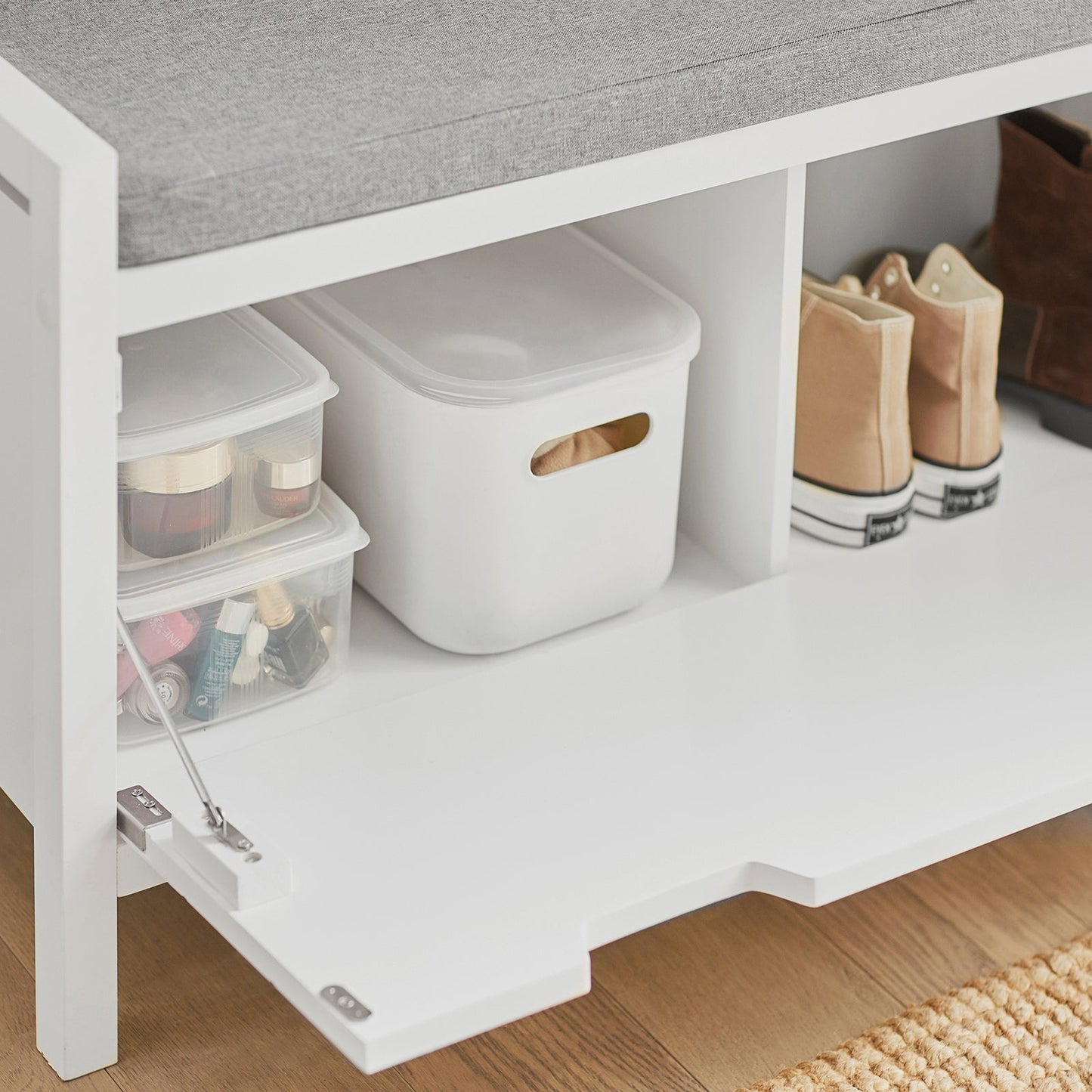 SoBuy Banc à chaussures avec 2 tiroirs - Max. 150 kg - 91 x 30 x 50 cm - Blanc/ Gris