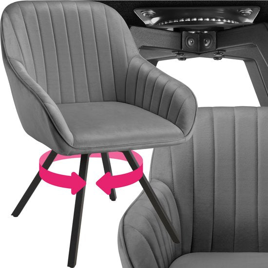 tectake® - Chaise de salle à manger pivotante avec accoudoirs - Chaise ergonomique à coque avec revêtement en velours - Rembourrée - Chaise pivotante pour le salon, la table à manger, le bureau, la coiffeuse et la cuisine - Gris