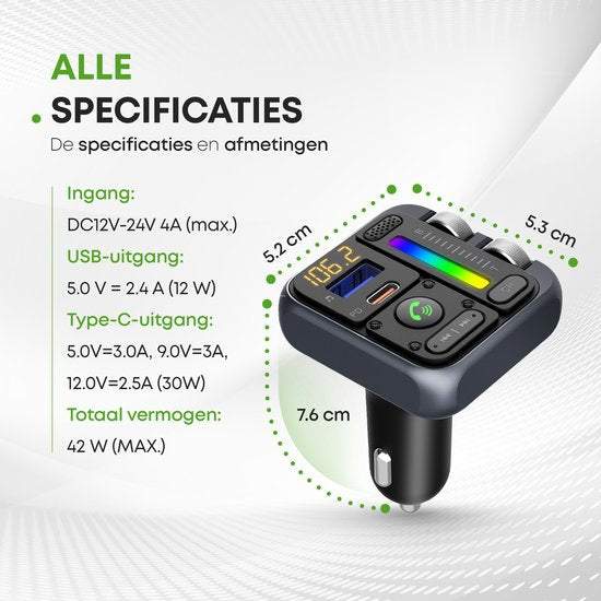 iSetchi Bluetooth FM Transmitter - Quick Charge 3.0 - Carkit - USB C - Sans fil